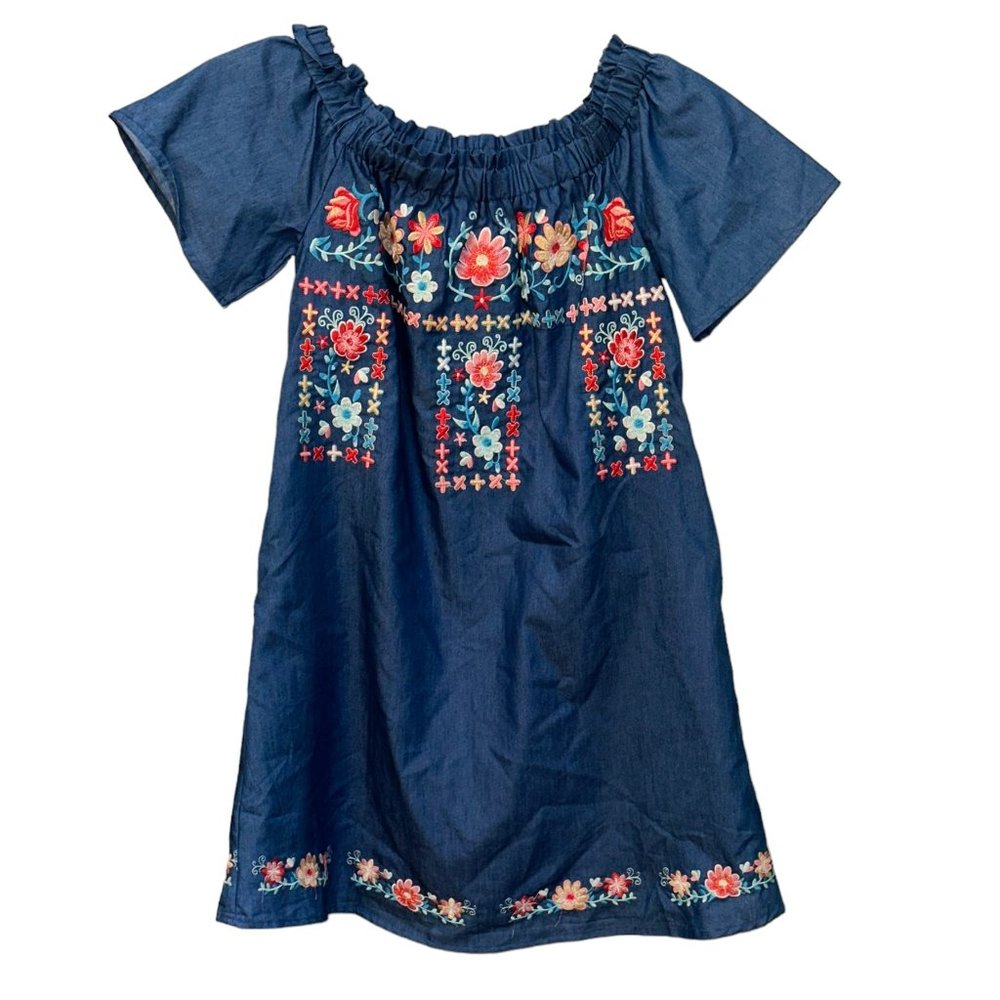 Savanna Jane Denim Blue Floral Embroidered Lined Tunic Boho Dress Size‎ Small